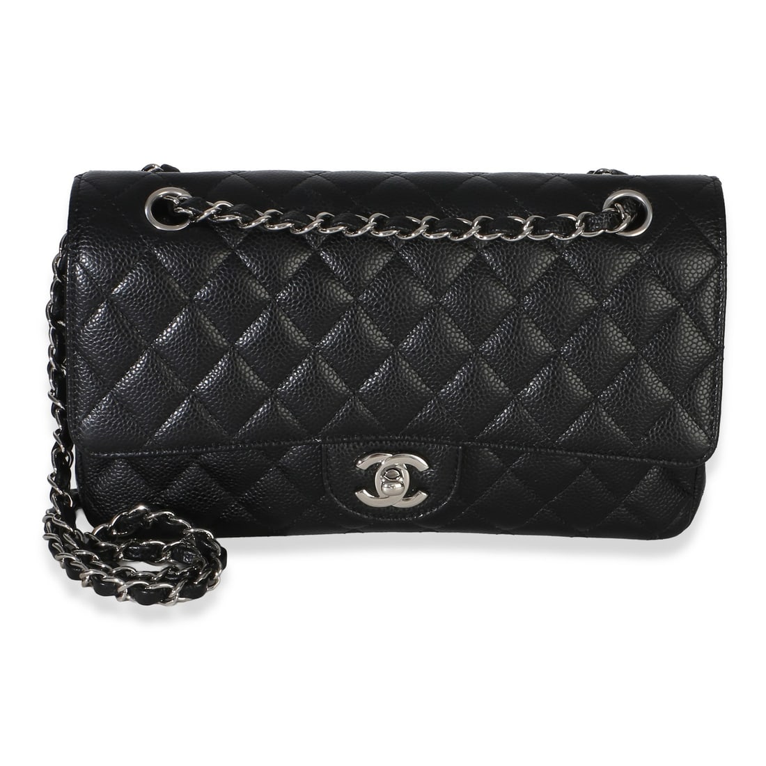 Chanel Medium Classic Double Flap Black Caviar Shoulder Bag: Chanel Medium Classic Double Flap Black Caviar Shoulder Bag This Chanel Medium Classic Double Flap Handbag features black quilted caviar leather with a signature turnlock closure and silver-tone hardw