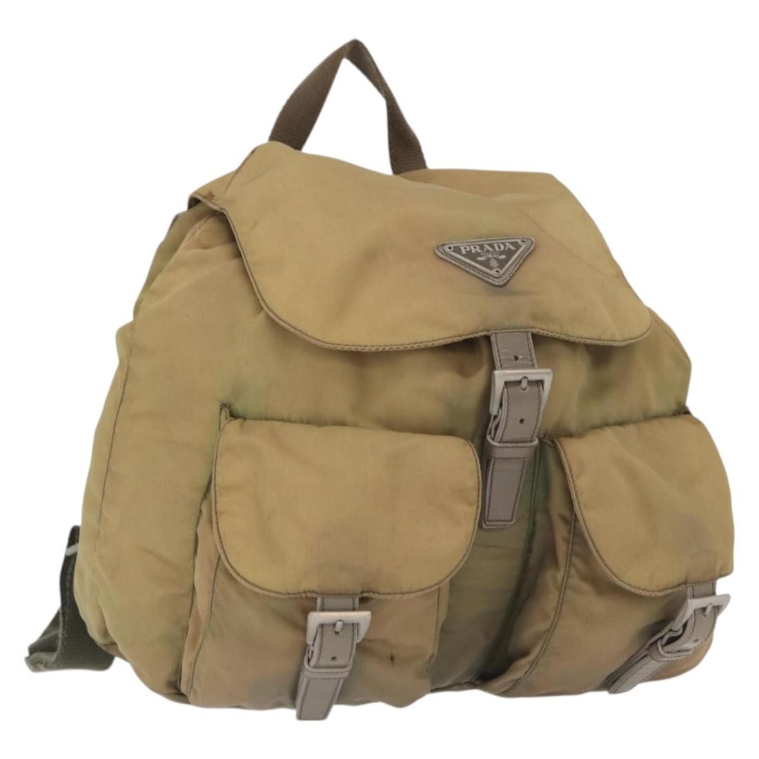 Prada beige silver nylon backpack with guarantee card: Prada beige silver nylon backpack with guarantee card This PRADA backpack features a beige and silver nylon exterior and is designed for women. Made in Italy, it offers a spacious interior with approx