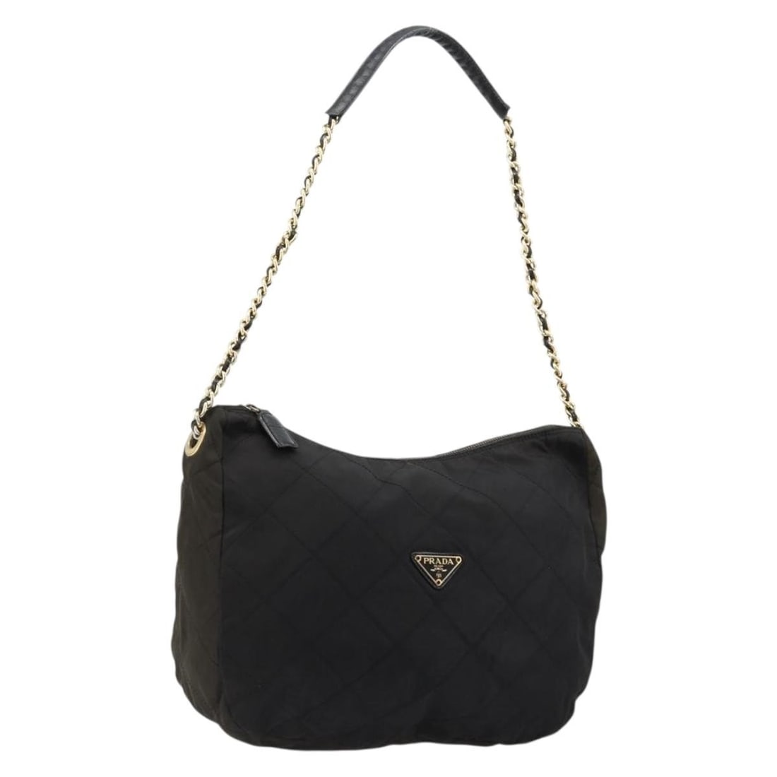 PRADA Nylon Shoulder Bag Black with Gold Chain Strap: PRADA Nylon Shoulder Bag Black with Gold Chain Strap Prada chain shoulder bag in black nylon with gold-tone accents, made in Italy. This women's shoulder bag is offered without the original box or dus