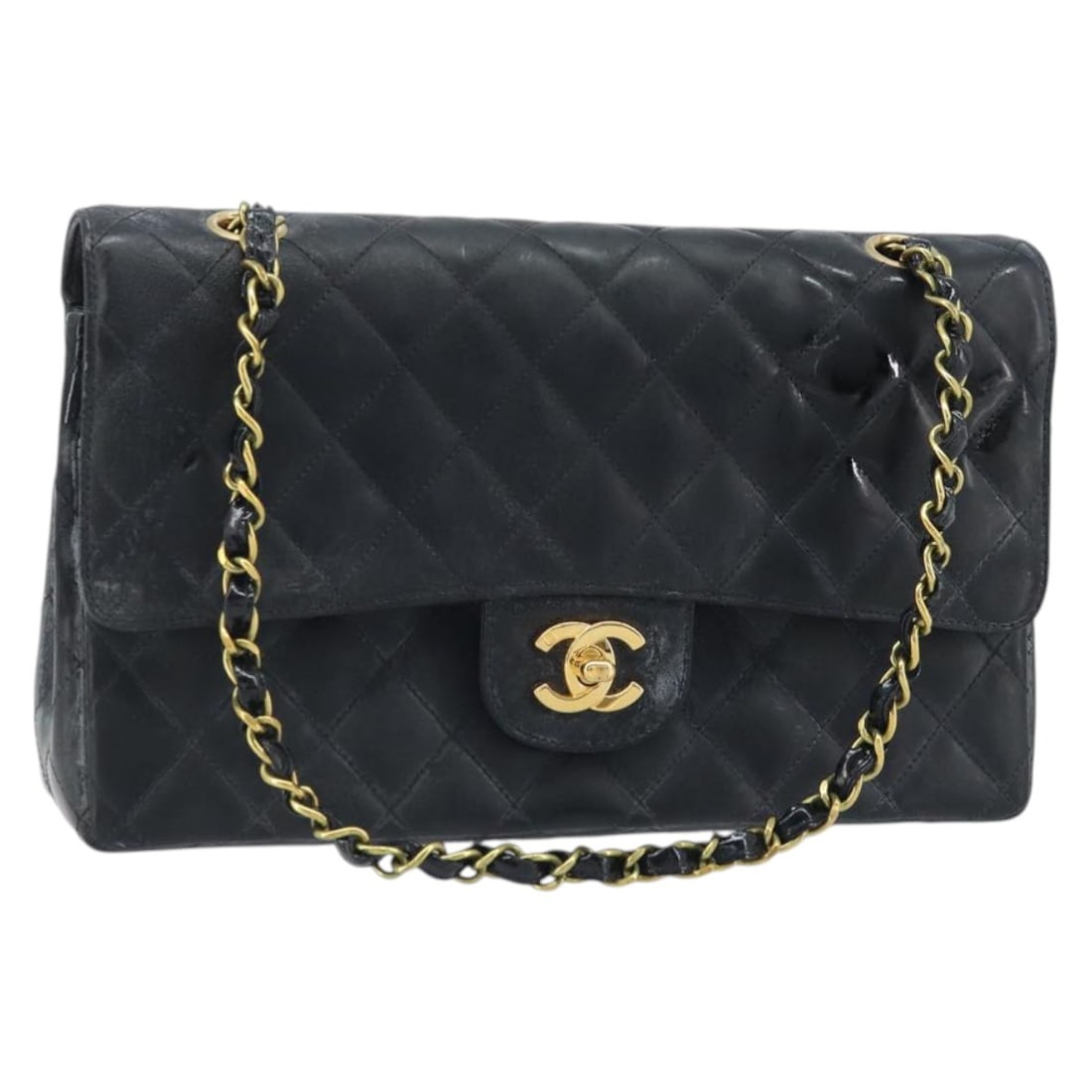 CHANEL Matelasse Leather Shoulder Bag Black with Gold CC: CHANEL Matelasse Leather Shoulder Bag Black with Gold CC CHANEL Matelasse chain shoulder bag in black leather with gold-tone exterior details. Made in France, this women's shoulder bag measures approx
