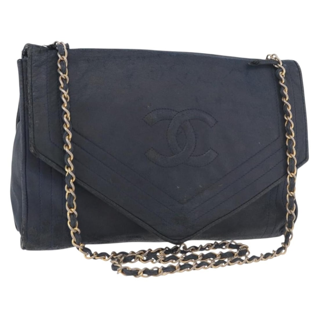 CHANEL CC Leather Shoulder Bag Navy Gold Tone: CHANEL CC Leather Shoulder Bag Navy Gold Tone Chanel chain shoulder bag in navy and gold leather, made in Italy. This shoulder bag features a shoulder drop of approximately 45 cm and comes with the it