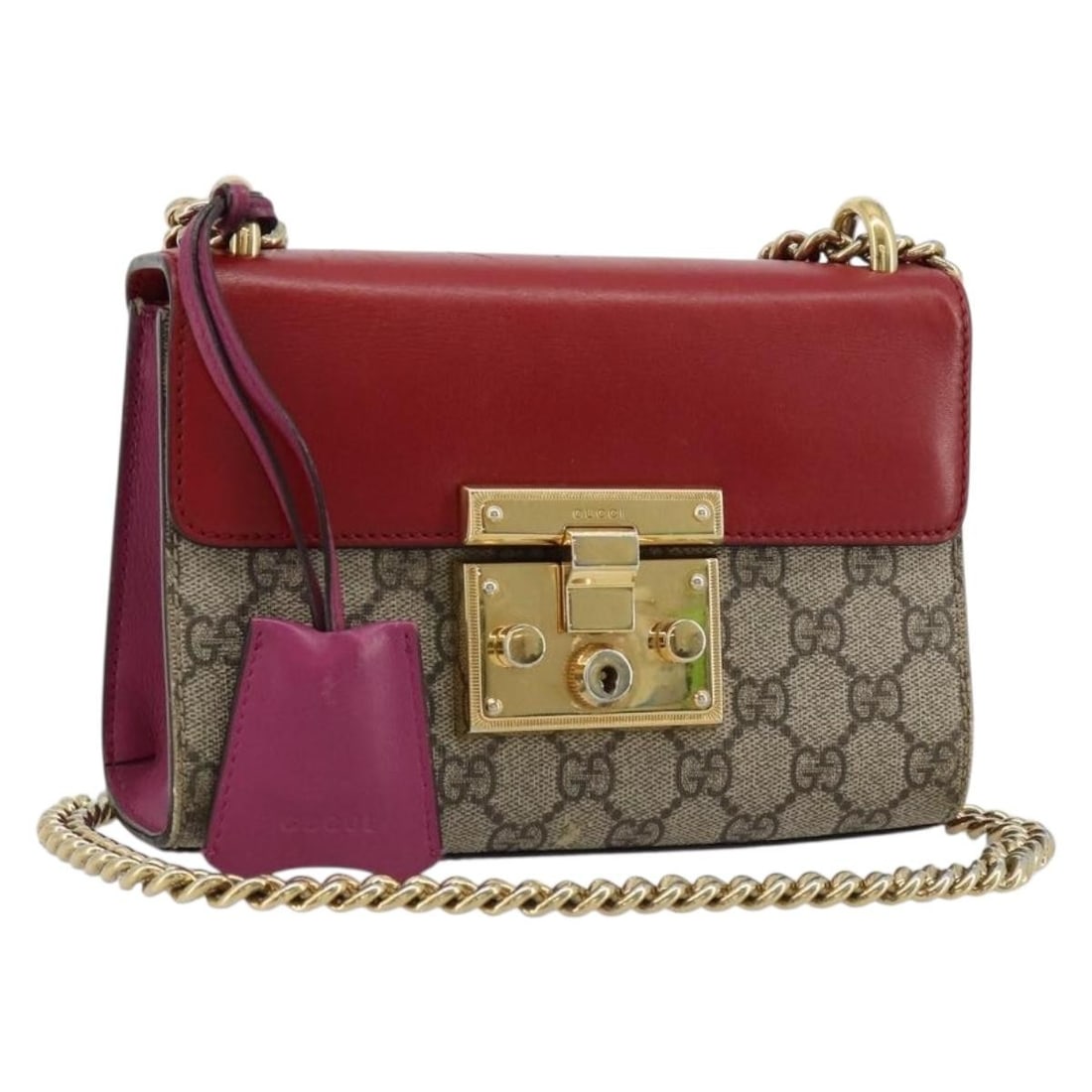 Gucci 409487 GG Supreme PVC Leather Shoulder Bag Red Gold: Gucci 409487 GG Supreme PVC Leather Shoulder Bag Red Gold Gucci GG Supreme chain shoulder bag in red and gold PVC leather with GG canvas. Made in Italy, this women's shoulder bag is offered without th
