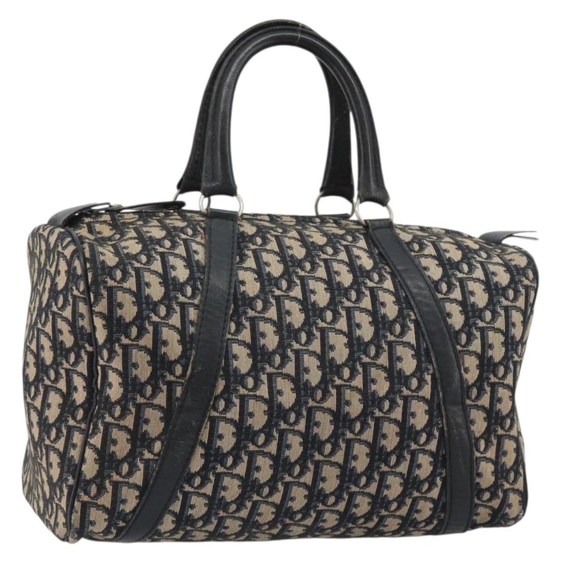 Christian Dior Mini Boston Bag in Navy Trotter Canvas Silver Tone: Christian Dior Mini Boston Bag in Navy Trotter Canvas Silver Tone Christian Dior Trotter Canvas Mini Boston Bag in navy and silver Trotter canvas, made in France. This Boston bag features a mini size 