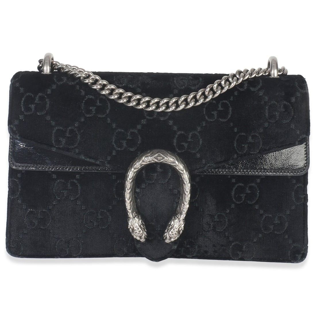 Small Dionysus Chain Shoulder Bag in Black GG Velvet by Gucci: Small Dionysus Chain Shoulder Bag in Black GG Velvet by Gucci This Gucci Small Dionysus Chain Bag features a black GG-embossed velvet exterior and silver-tone hardware. The bag has a push lock closure