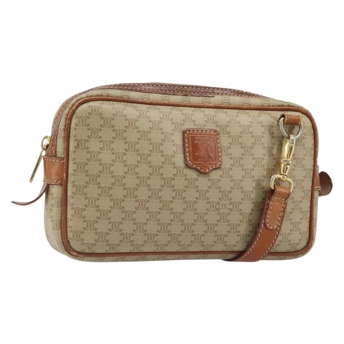 Celine Macadam Beige PVC Leather Shoulder Bag Gold Accents Italy: Celine Macadam Beige PVC Leather Shoulder Bag Gold Accents Italy This CELINE Macadam shoulder bag is crafted from beige and gold PVC leather with the signature Macadam canvas pattern. Designed for wom
