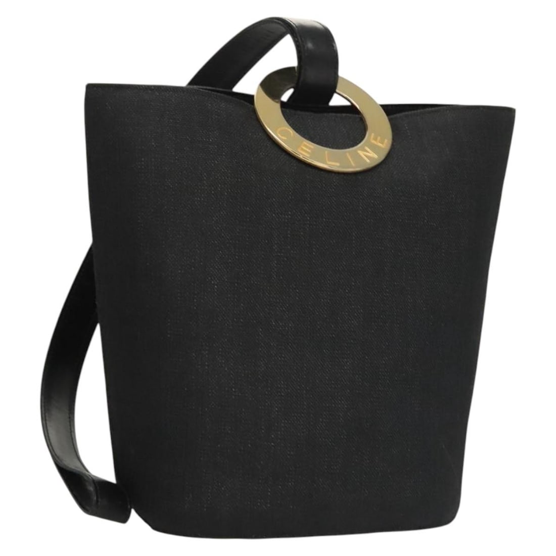 Celine Canvas Black and Gold Women's Shoulder Bag Made in Italy: Celine Canvas Black and Gold Women's Shoulder Bag Made in Italy This CELINE shoulder bag features a black and gold canvas exterior, designed for women. Made in Italy, it has a structured silhouette wi