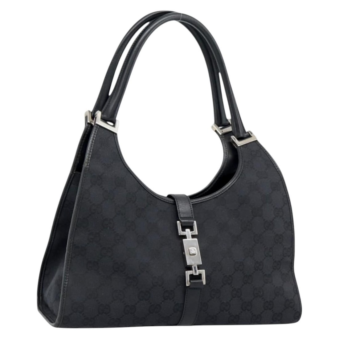 Gucci Jackie Black GG Canvas Handbag Silver Tone 002 1067: Gucci Jackie Black GG Canvas Handbag Silver Tone 002 1067 A Gucci Jackie hand bag in black and silver GG Canvas, made in Italy. It features a hand bag style with a 30 cm width, 17 cm height, 9 cm dept