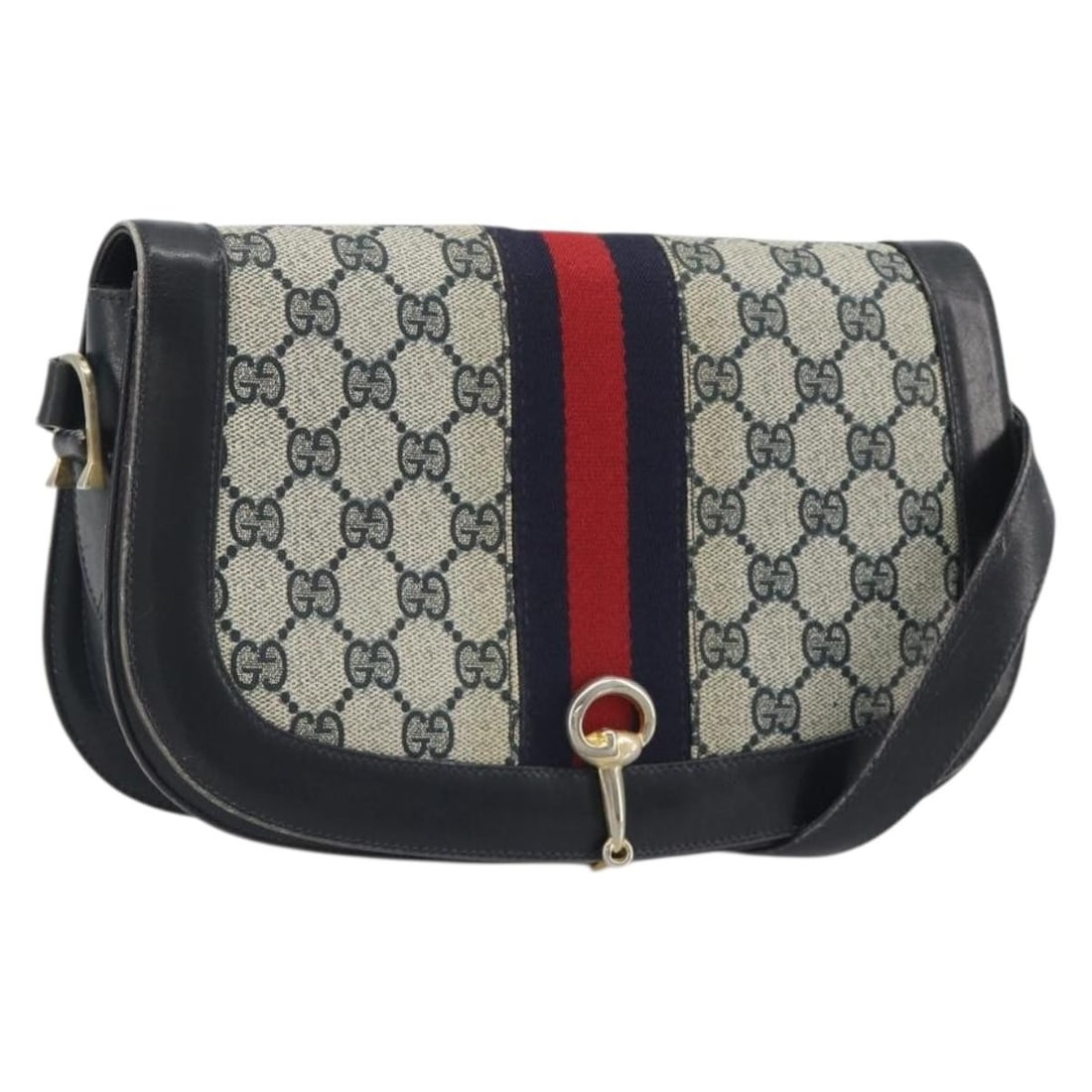 Gucci Sherry Line GG Supreme Navy PVC Leather Shoulder Bag 191082: Gucci Sherry Line GG Supreme Navy PVC Leather Shoulder Bag 191082 Gucci GG Supreme Sherry Line shoulder bag in navy and gold, made from PVC leather and GG canvas. It measures approximately W25 x H16 x