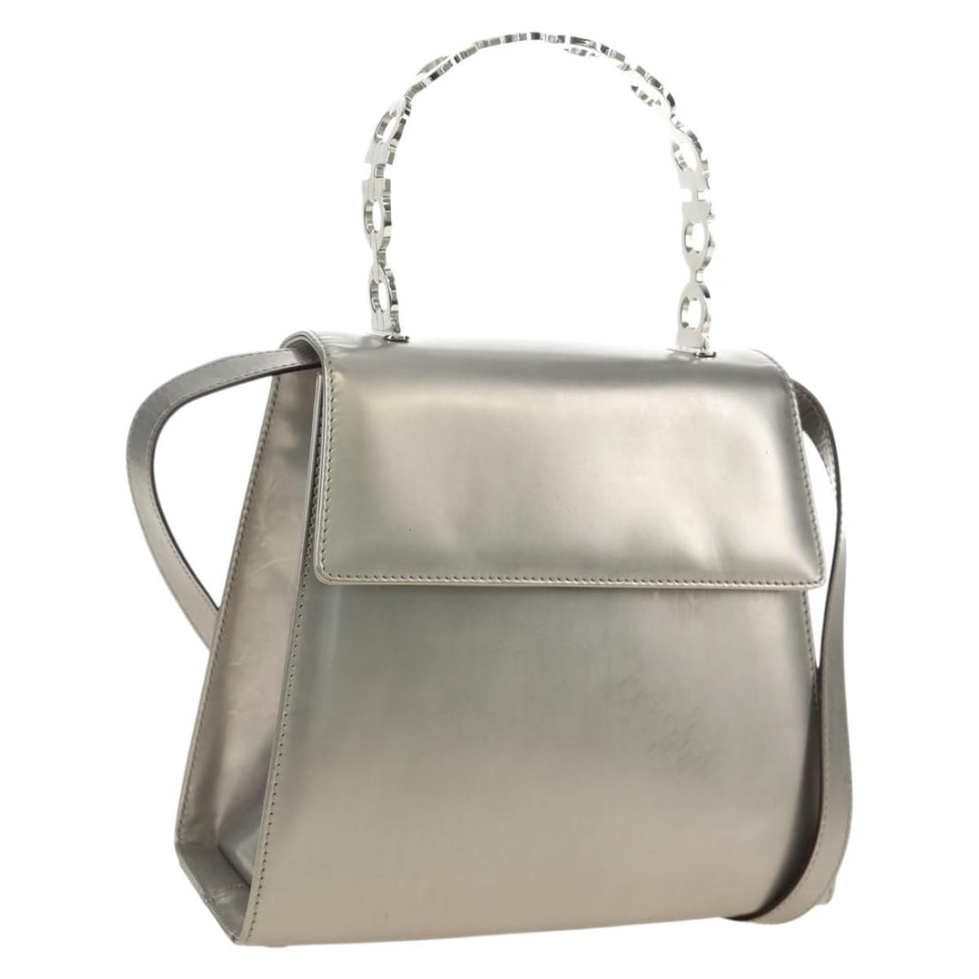 Salvatore Ferragamo Gancini 2way patent leather handbag silver with strap: Salvatore Ferragamo Gancini 2way patent leather handbag silver with strap This Salvatore Ferragamo Gancini handbag is crafted from patent leather in a silver color and features a 2-way design. It come