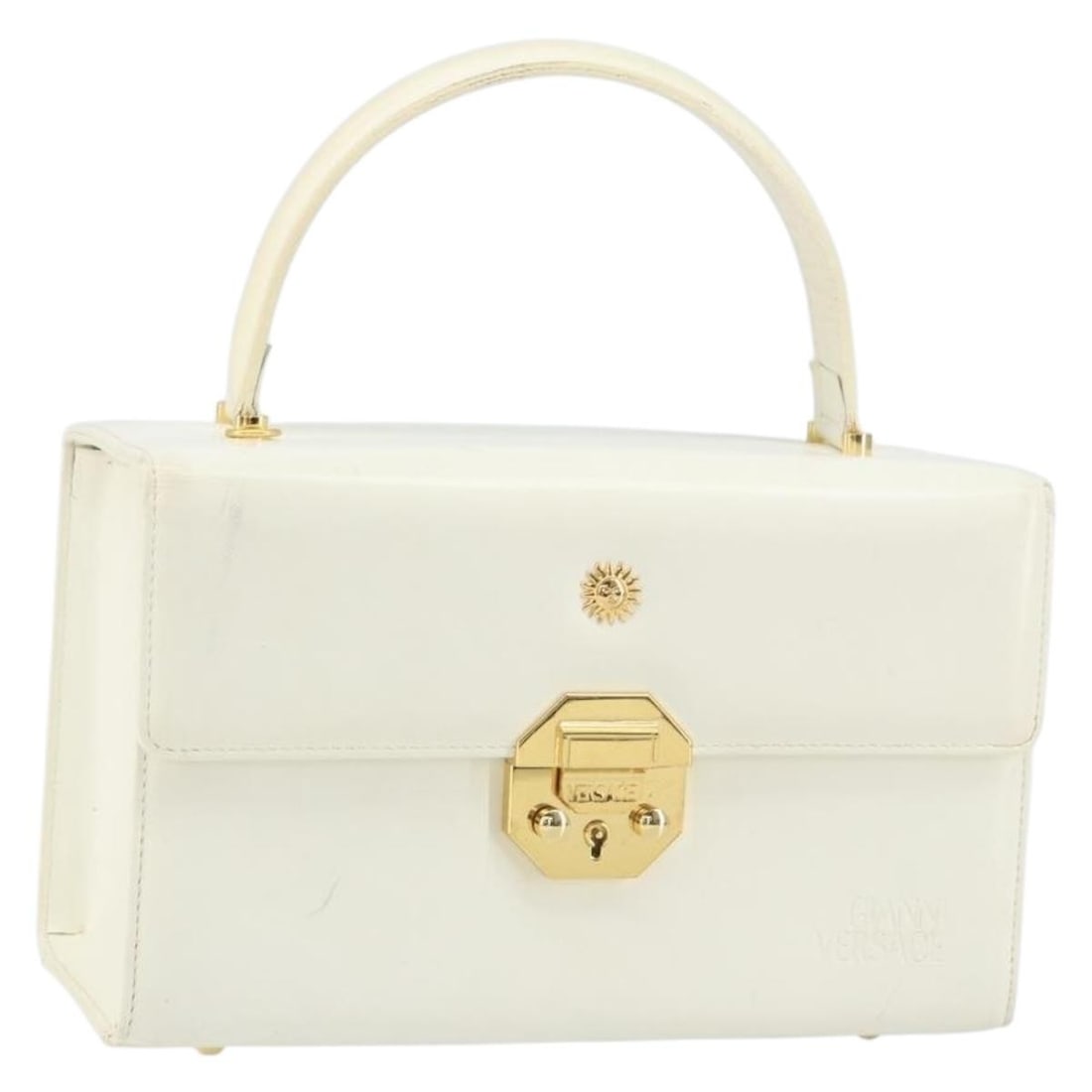 White and Gold Leather Gianni Versace Handbag with Top Handle: White and Gold Leather Gianni Versace Handbag with Top Handle This Gianni Versace handbag features a white and gold leather exterior and is crafted in Italy. The bag has a structured silhouette with a