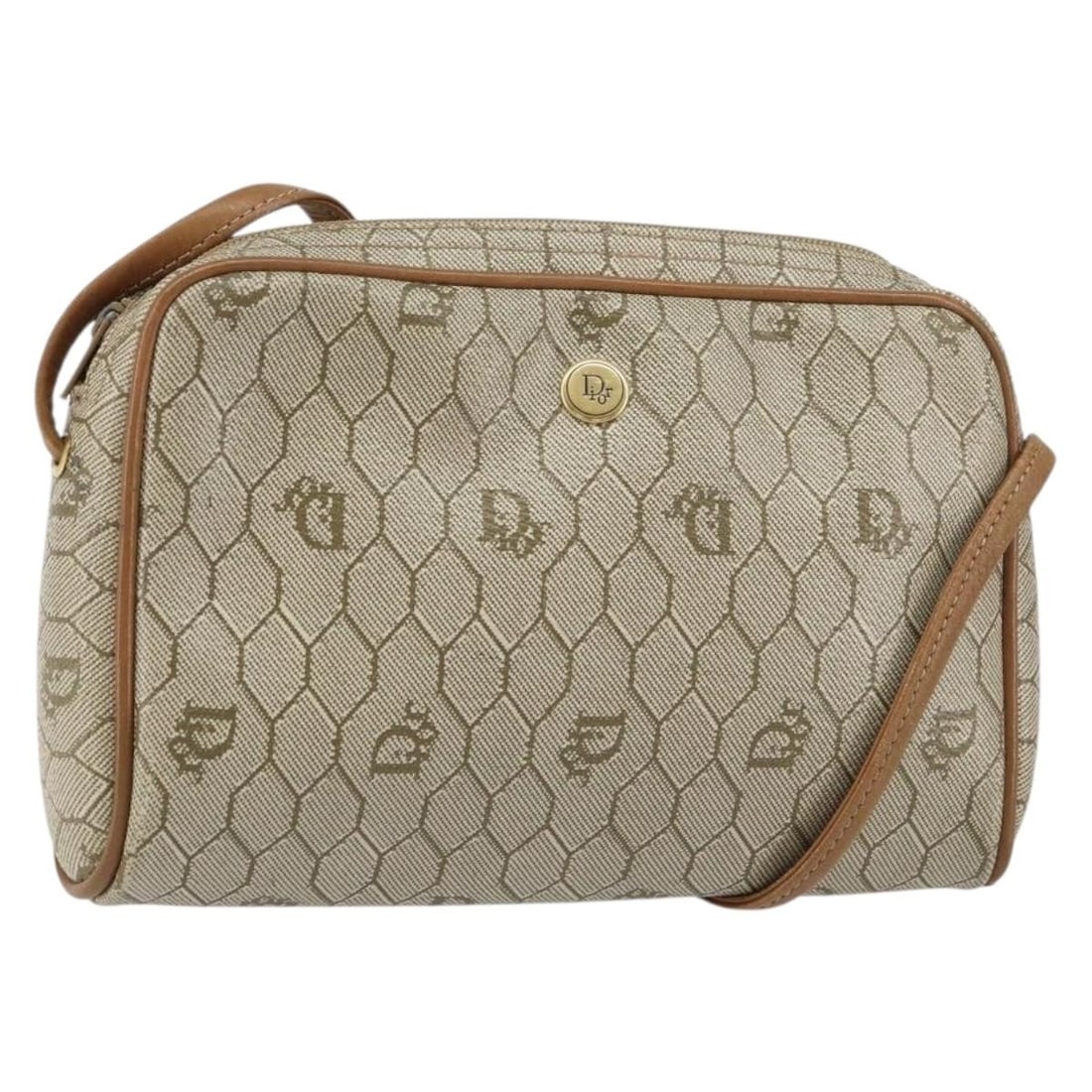 Beige Honeycomb Canvas Christian Dior Shoulder Bag PVC Leather Gold Accents: Beige Honeycomb Canvas Christian Dior Shoulder Bag PVC Leather Gold Accents This Christian Dior shoulder bag features the signature honeycomb canvas and PVC leather in beige and gold tones. Made in Fr
