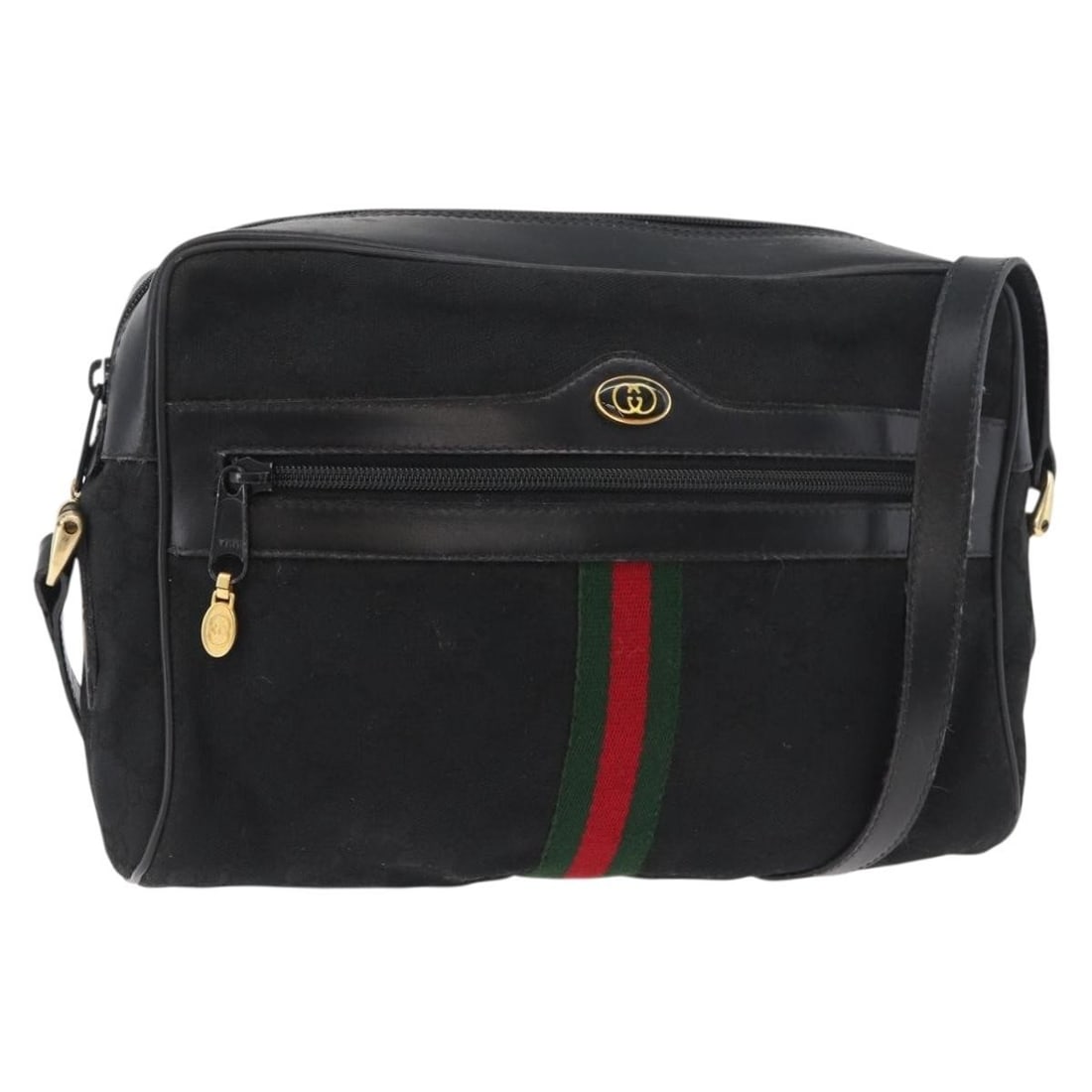 Gucci 001 4071 5 GG Canvas Shoulder Bag Black Gold: Gucci 001 4071 5 GG Canvas Shoulder Bag Black Gold Authentic Gucci GG Canvas Web Sherry Line shoulder bag in black and gold. This women's shoulder bag is made in Italy and features an adjustable shoul