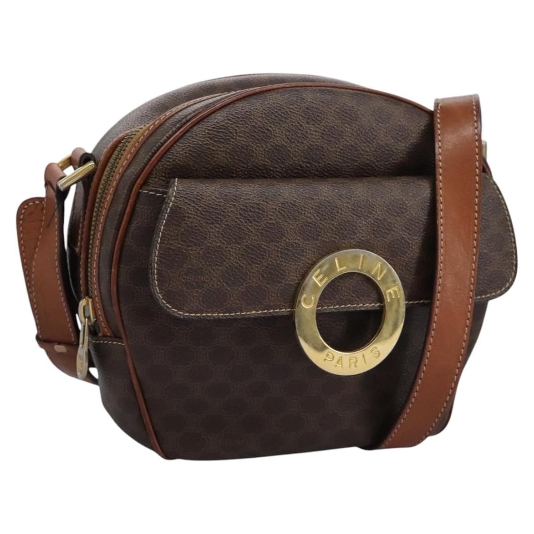 Celine Macadam Brown PVC Canvas Shoulder Purse with Adjustable Strap: Celine Macadam Brown PVC Canvas Shoulder Purse with Adjustable Strap This Celine shoulder bag features the iconic Macadam canvas combined with brown PVC leather accents. Designed for women, the bag is