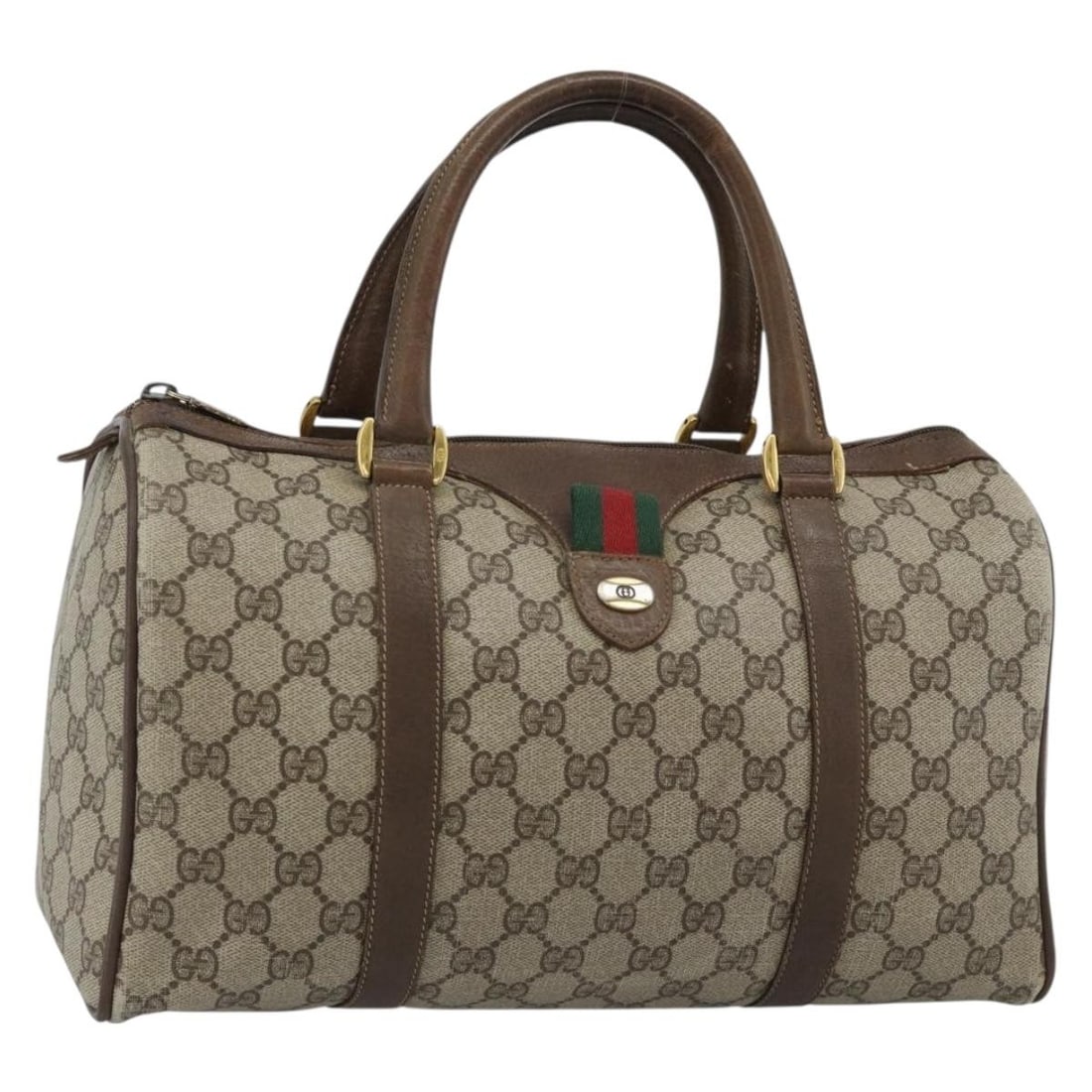 Gucci Sherry Line GG Supreme PVC Boston Bag Beige Gold 58 02 007: Gucci Sherry Line GG Supreme PVC Boston Bag Beige Gold 58 02 007 A Gucci Sherry Line Boston bag in beige and gold, made from PVC leather and GG canvas. It features a Boston bag style, was made in Ital