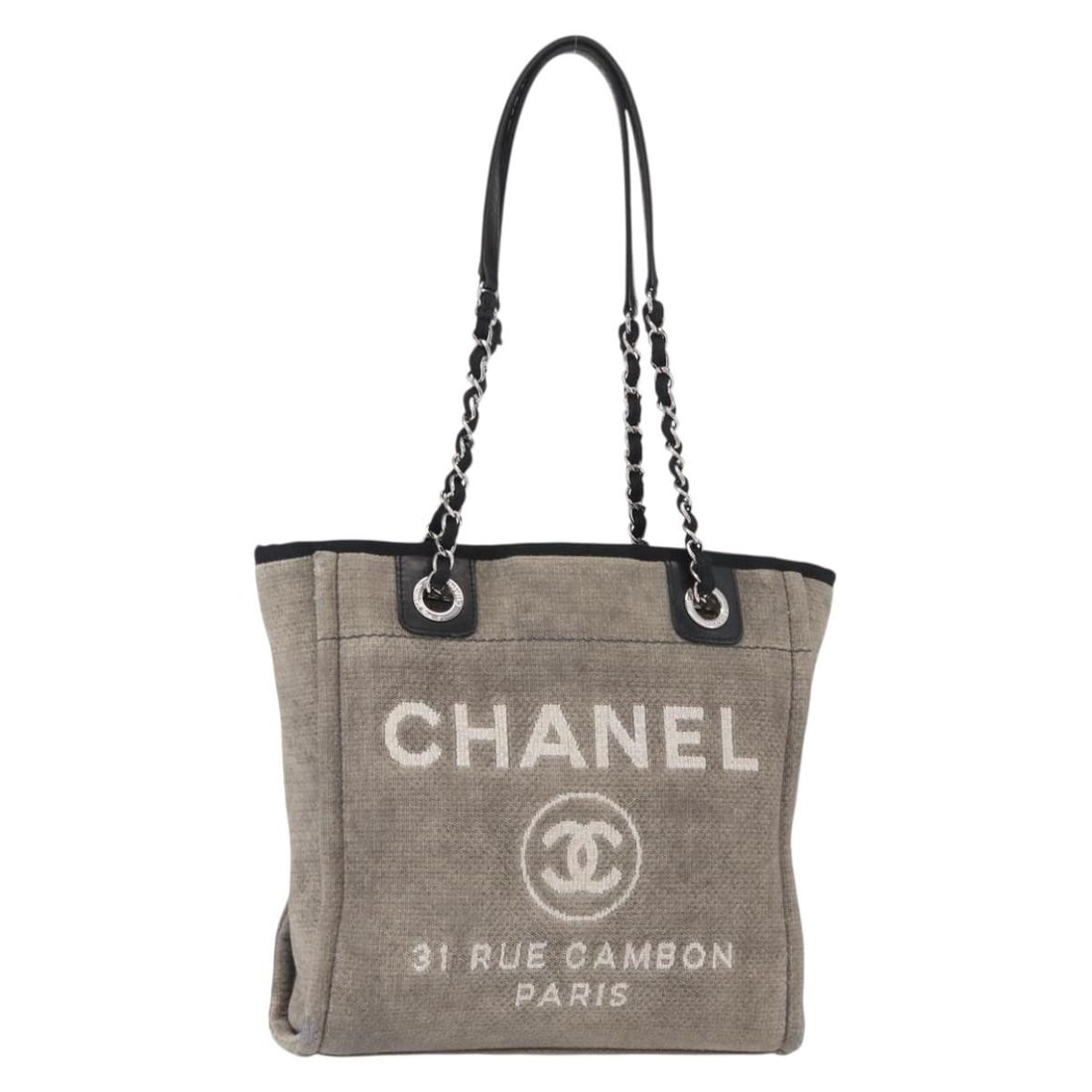 CHANEL Deauville Tote Bag Canvas Gray Silver Authentic: CHANEL Deauville Tote Bag Canvas Gray Silver Authentic This authentic CHANEL Deauville line Chain Tote Bag is crafted from durable gray canvas with silver-toned accents, offering a chic and functional