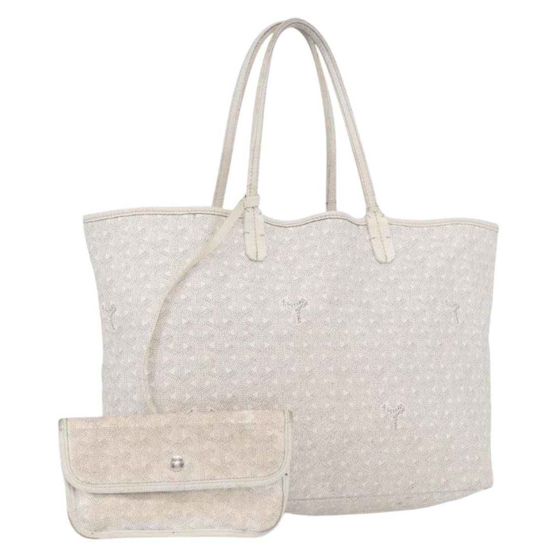 White Goyard Saint Louis PM PVC Tote with Pouch: White Goyard Saint Louis PM PVC Tote with Pouch This GOYARD Saint Louis PM tote bag is crafted from white PVC leather and designed for women. The bag features a spacious interior and comes with a pouc