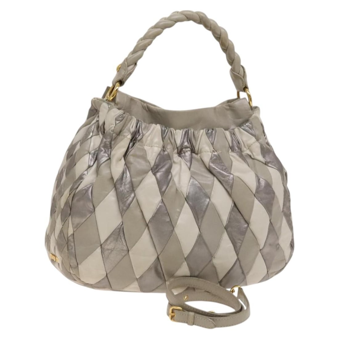 Miu Miu Gray Leather 2way Shoulder Bag with Strap: Miu Miu Gray Leather 2way Shoulder Bag with Strap Miu Miu shoulder bag in gray leather with gold-tone hardware. This 2-way style comes with a shoulder strap and was made in Turkey. The bag measures ap
