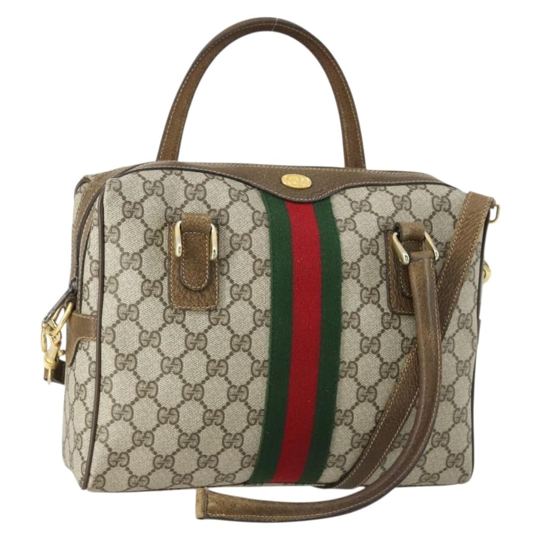 GUCCI GG Supreme Sherry Line Beige Gold 2way Hand Bag PVC Auth 67 02 3839: GUCCI GG Supreme Sherry Line Beige Gold 2way Hand Bag PVC Auth 67 02 3839 The Gucci GG Supreme Web Sherry Line Bag is a stylish and functional handbag crafted from durable PVC leather in a chic beige 