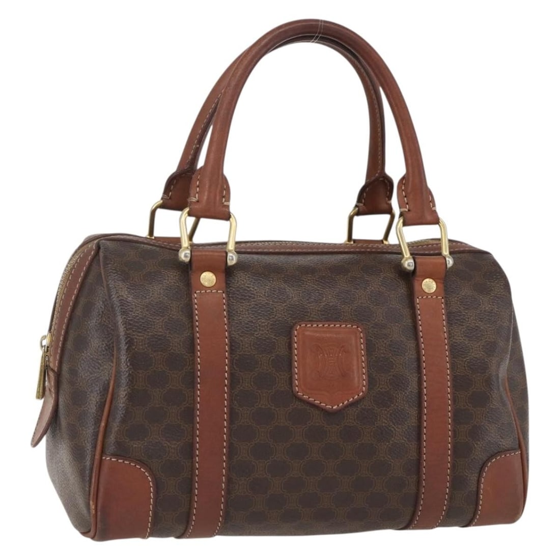 CELINE Macadam Brown Gold PVC Leather Hand Bag Italy Auth 157761: CELINE Macadam Brown Gold PVC Leather Hand Bag Italy Auth 157761 This authentic CELINE Macadam Canvas Hand Bag blends style and functionality with its elegant brown and gold color scheme. Crafted in I