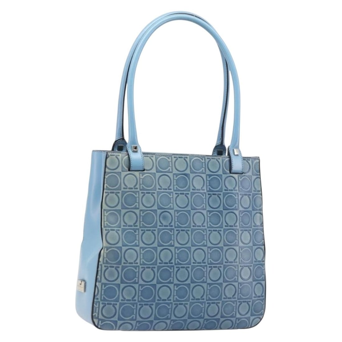 Salvatore Ferragamo Gancini Blue Leather Tote Bag Silver Tone: Salvatore Ferragamo Gancini Blue Leather Tote Bag Silver Tone Salvatore Ferragamo Gancini tote bag in blue and silver leather, made in Italy. The bag measures approximately W26 x H25 x D7 cm with a ha