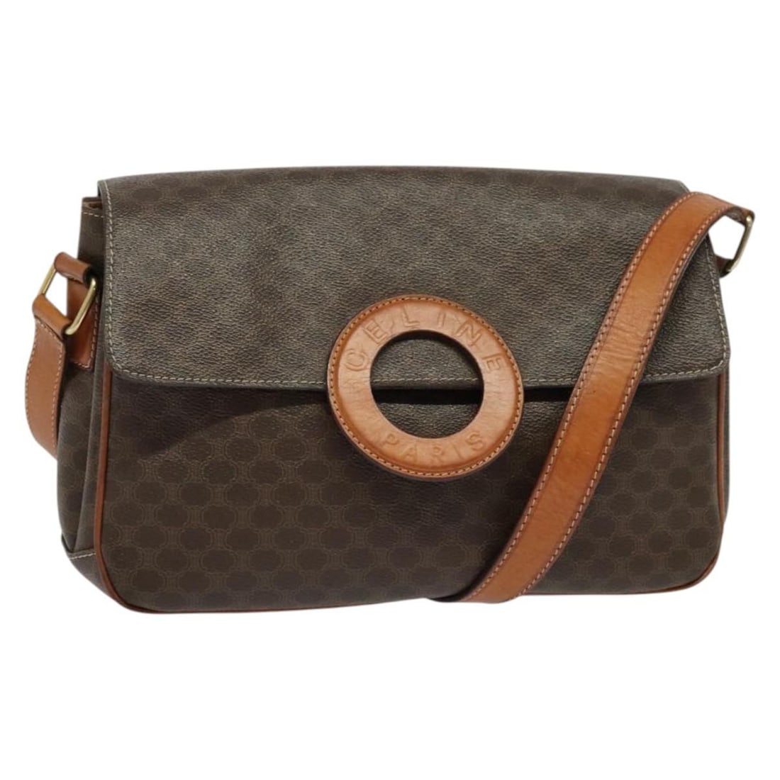 CELINE Macadam Canvas Shoulder Bag PVC Leather Brown Gold Made in Italy: CELINE Macadam Canvas Shoulder Bag PVC Leather Brown Gold Made in Italy This CELINE Macadam Canvas Shoulder Bag combines stylish design with practical functionality. Made from durable PVC Leather and 