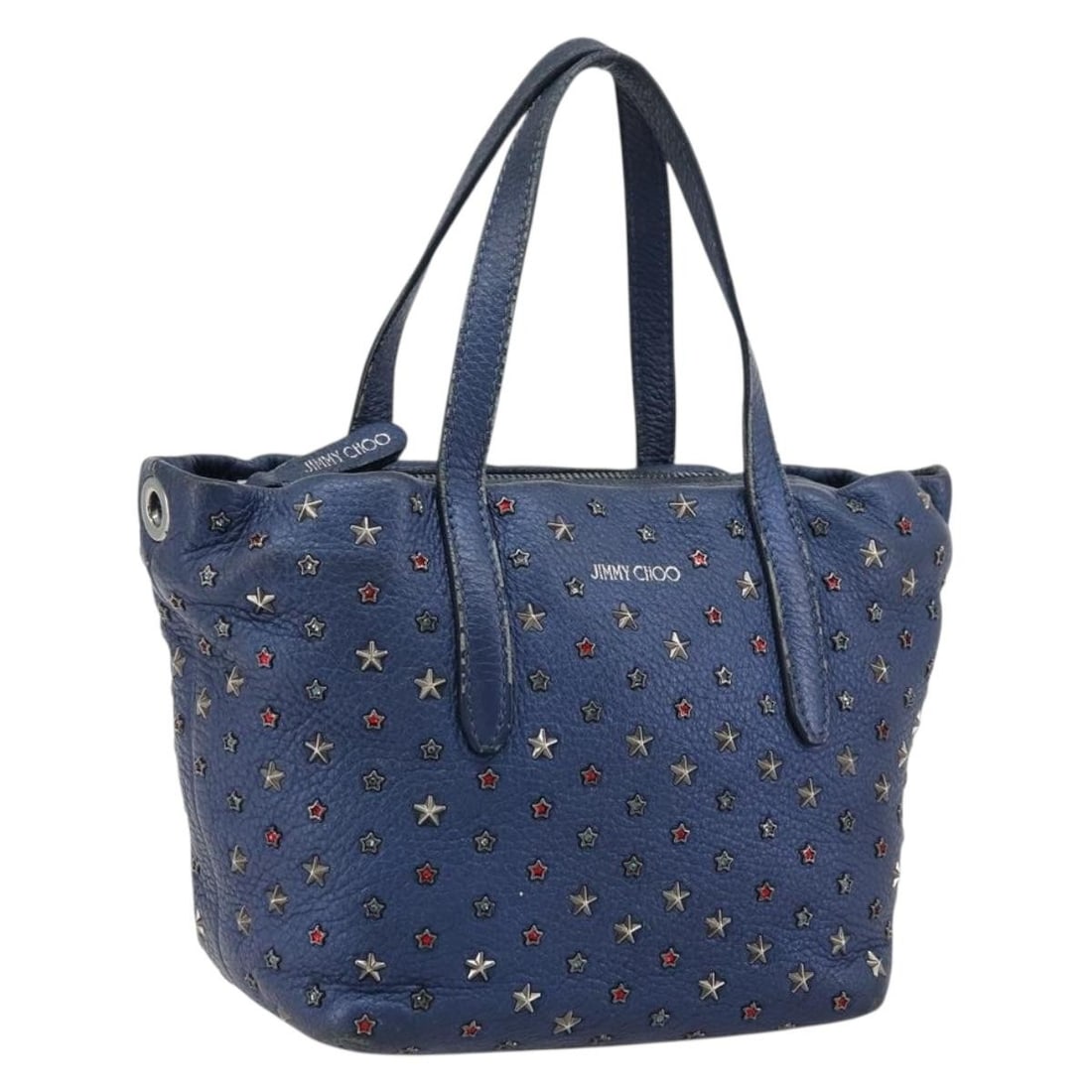 Jimmy Choo blue silver leather handbag studs 2way Italy auth: Jimmy Choo blue silver leather handbag studs 2way Italy auth This Jimmy Choo leather handbag features a striking blue and silver exterior with stud accents. Designed for versatility, it can be carried