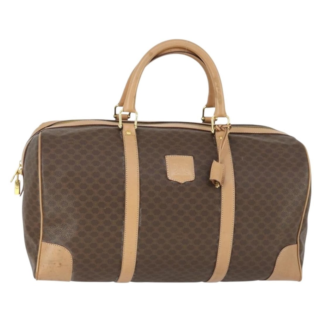 Celine Macadam Canvas Boston Bag Brown PVC Leather with Padlock and Keys: Celine Macadam Canvas Boston Bag Brown PVC Leather with Padlock and Keys This CELINE Boston bag features the iconic Macadam canvas and PVC leather in a brown and gold color combination. Designed with 