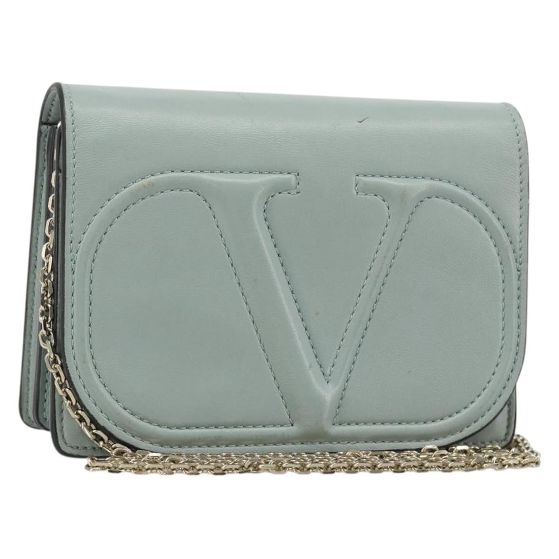 VALENTINO Leather Shoulder Bag in Light Blue with Gold Chain: VALENTINO Leather Shoulder Bag in Light Blue with Gold Chain Valentino shoulder bag in light blue leather with a chain shoulder strap and gold-tone accents. Made in Italy, this women's bag is offered 