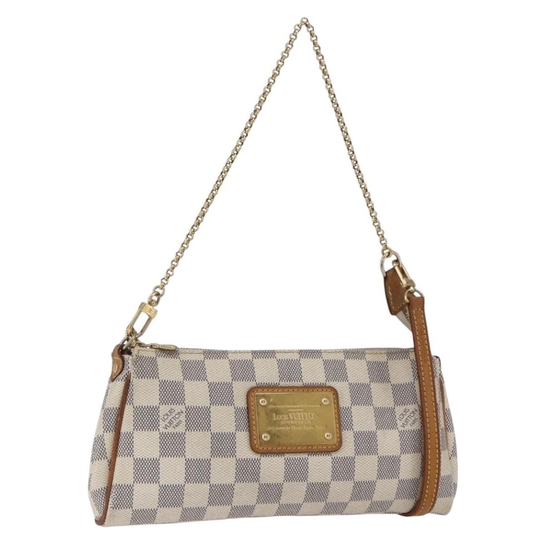 Louis Vuitton Eva Damier Azur Canvas Shoulder Bag with Strap N55214: Louis Vuitton Eva Damier Azur Canvas Shoulder Bag with Strap N55214 This Louis Vuitton Damier Azur Eva Shoulder Bag is crafted from Damier Azur canvas and offers a versatile 2-way design, allowing it 