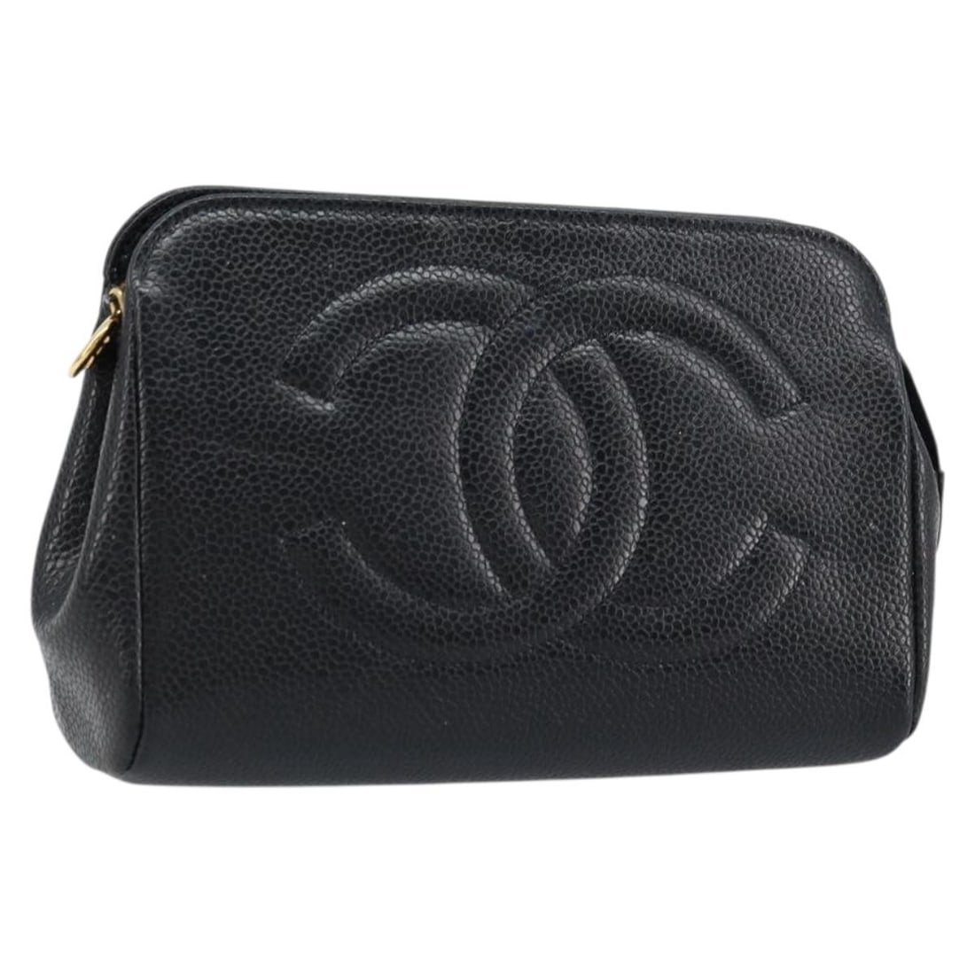 CHANEL Black Leather Caviar Skin CC Pouch Gold Tone: CHANEL Black Leather Caviar Skin CC Pouch Gold Tone Compact black pouch in grained calf skin/caviar leather with gold-tone hardware. The item is offered in heavily used condition with visible rubbing,