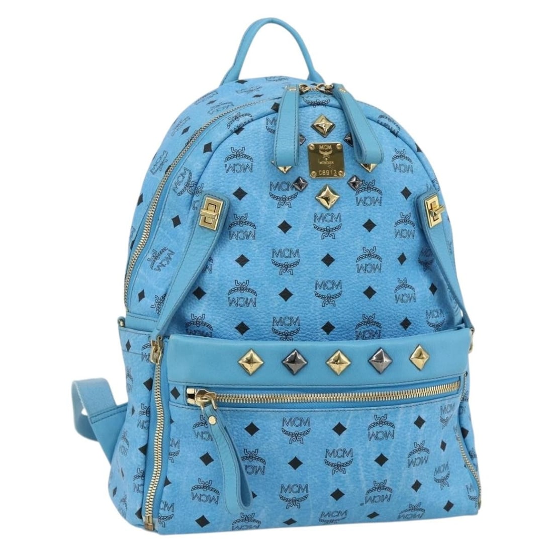 MCM Vicetos Logogram PVC Backpack Light Blue Gold: MCM Vicetos Logogram PVC Backpack Light Blue Gold This MCM Vicetos Logogram backpack features a light blue and gold color scheme and is crafted from durable PVC leather. Designed for women, the backpa