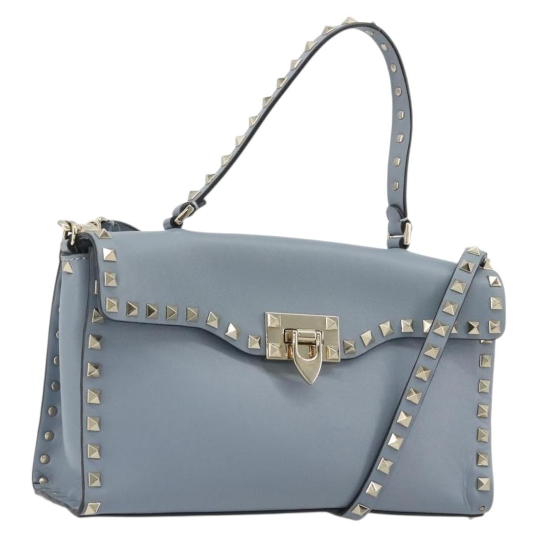 VALENTINO Rock Stud Leather 2way Handbag Light Blue Gold: VALENTINO Rock Stud Leather 2way Handbag Light Blue Gold Valentino Rock Studs hand bag in light blue and gold leather, made in Italy. This women's 2-way bag includes a shoulder strap and features a st
