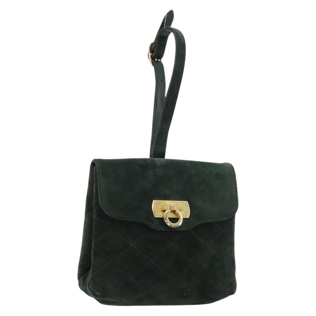 Salvatore Ferragamo Gancini Suede Handbag Green Gold Tone Italy: Salvatore Ferragamo Gancini Suede Handbag Green Gold Tone Italy Salvatore Ferragamo Gancini hand bag in suede with a green and gold exterior. Made in Italy, this women's bag has a compact structured s