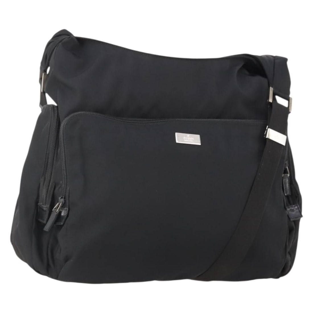 Gucci 019 0304 Canvas Shoulder Bag Black Silver Tone: Gucci 019 0304 Canvas Shoulder Bag Black Silver Tone Gucci shoulder bag in black canvas with silver-tone detailing. This women's bag is made in Italy and features a spacious everyday silhouette with a