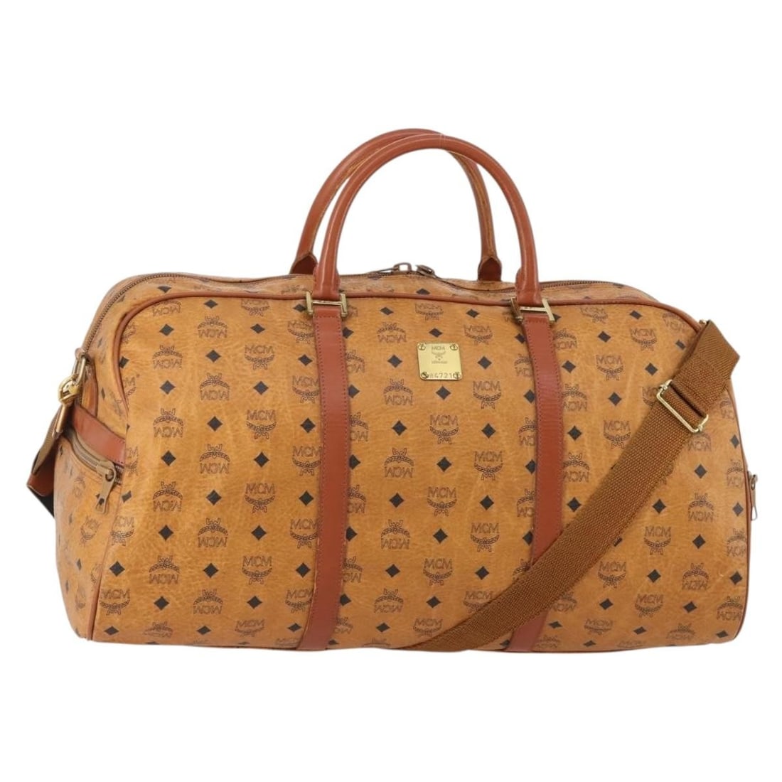 MCM Vicetos 2way Boston Bag Brown PVC Leather Shoulder Strap: MCM Vicetos 2way Boston Bag Brown PVC Leather Shoulder Strap MCM Vicetos logogram 2-way Boston bag in brown PVC leather with gold-tone accents. This women's bag includes a shoulder strap and dual hand