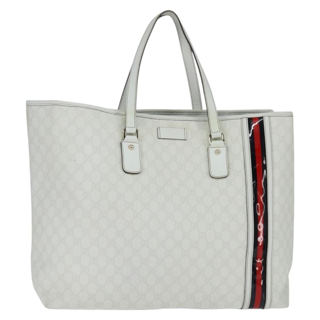 GUCCI GG Supreme Sherry Line Tote Bag PVC Leather Red White Navy Authentic: GUCCI GG Supreme Sherry Line Tote Bag PVC Leather Red White Navy Authentic Introducing the GUCCI GG Supreme Sherry Line Tote Bag, a stylish and functional accessory crafted from durable PVC leather. T
