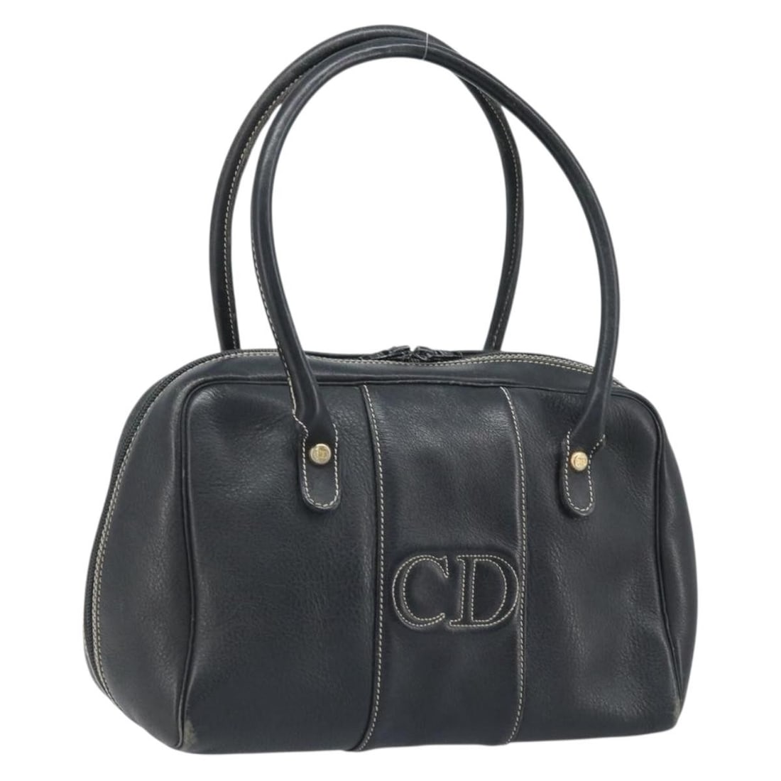 Christian Dior Black Leather Women's Handbag with Gold Accents France: Christian Dior Black Leather Women's Handbag with Gold Accents France This Christian Dior women's handbag is crafted from black leather with gold-tone accents. Made in France, the bag features a struc