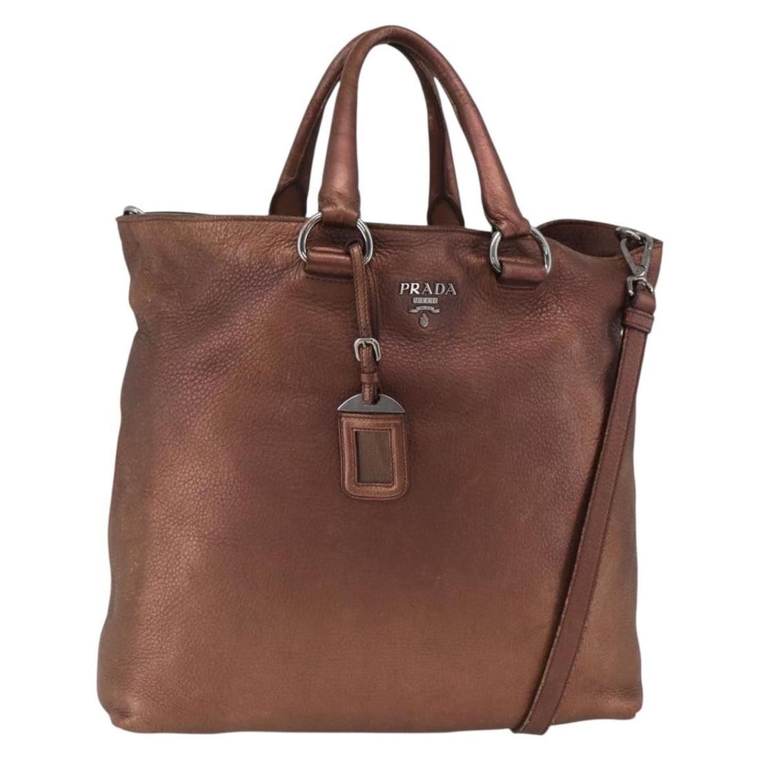 Prada Bronze Silver Leather 2way Handbag with Shoulder Strap: Prada Bronze Silver Leather 2way Handbag with Shoulder Strap This PRADA handbag is crafted from leather in a striking bronze and silver color combination. Designed for versatility, it features both ha