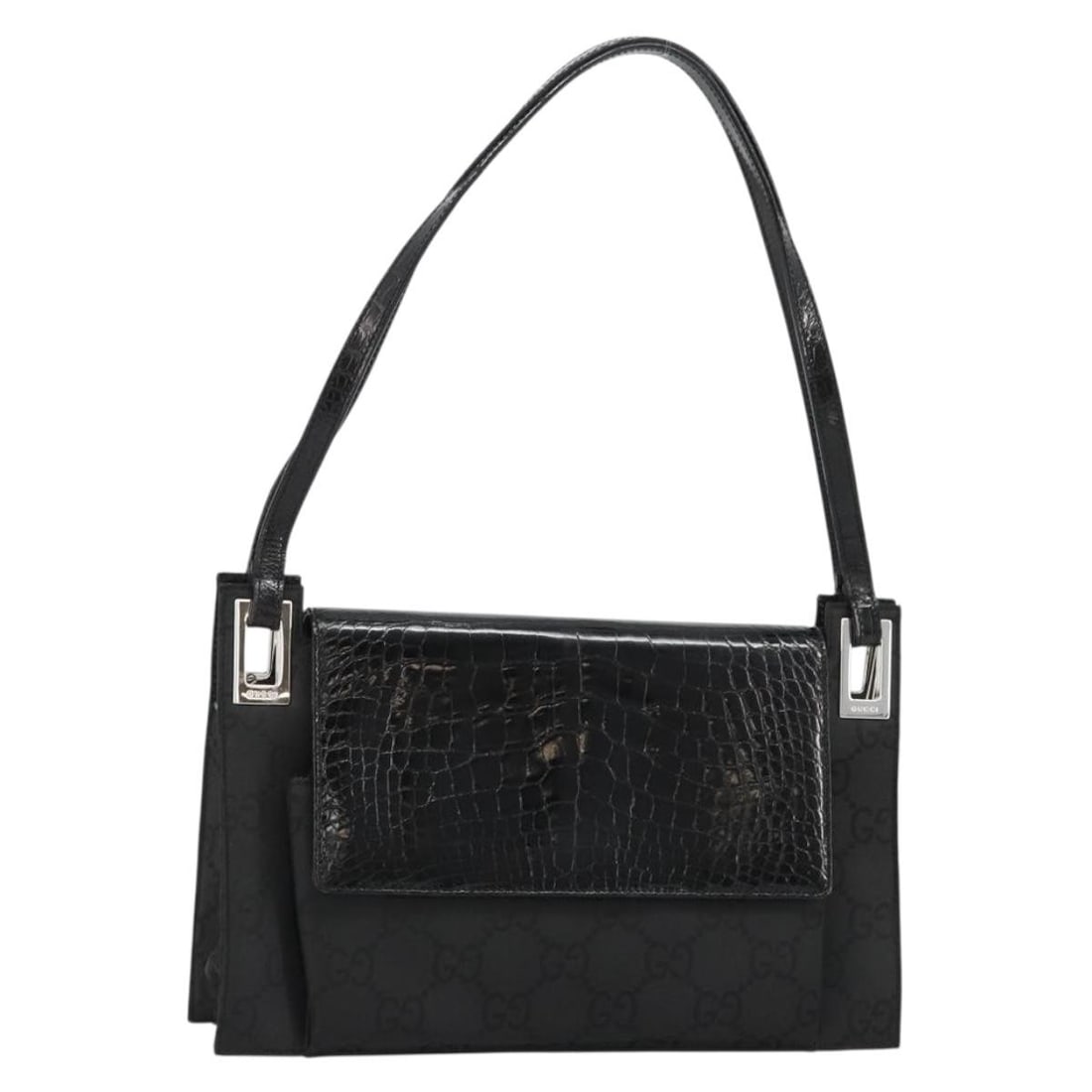 Gucci 001 3158 Black Embossed Leather Shoulder Bag Silver Tone: Gucci 001 3158 Black Embossed Leather Shoulder Bag Silver Tone Gucci shoulder bag in black and silver leather, made in Italy. It features an embossed leather exterior and measures approximately 11.0 x