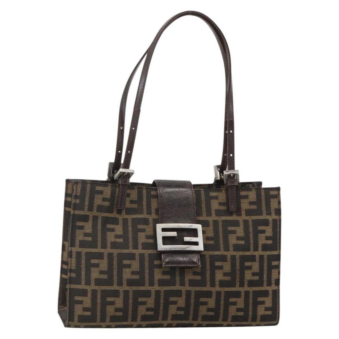 Fendi Mamma Baguette Shoulder Bag Zucca Canvas Brown Black: Fendi Mamma Baguette Shoulder Bag Zucca Canvas Brown Black Fendi Mamma Baguette shoulder bag in brown and black Zucca canvas, made in Italy. This pre-owned bag features a shoulder strap with an approx