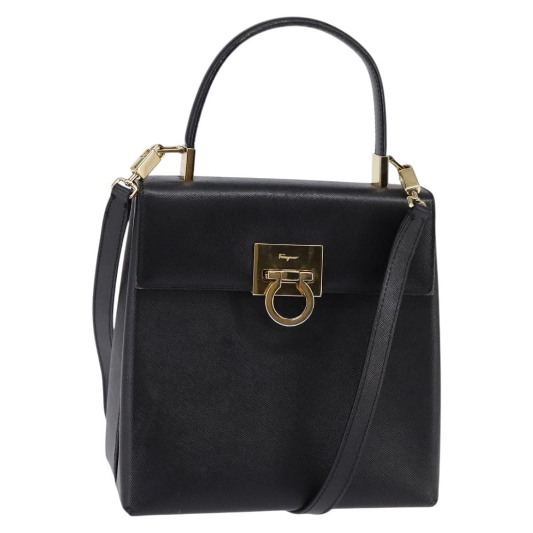 Salvatore Ferragamo Gancini Leather Hand Bag Black Gold Auth 2-Way (1 of 18)