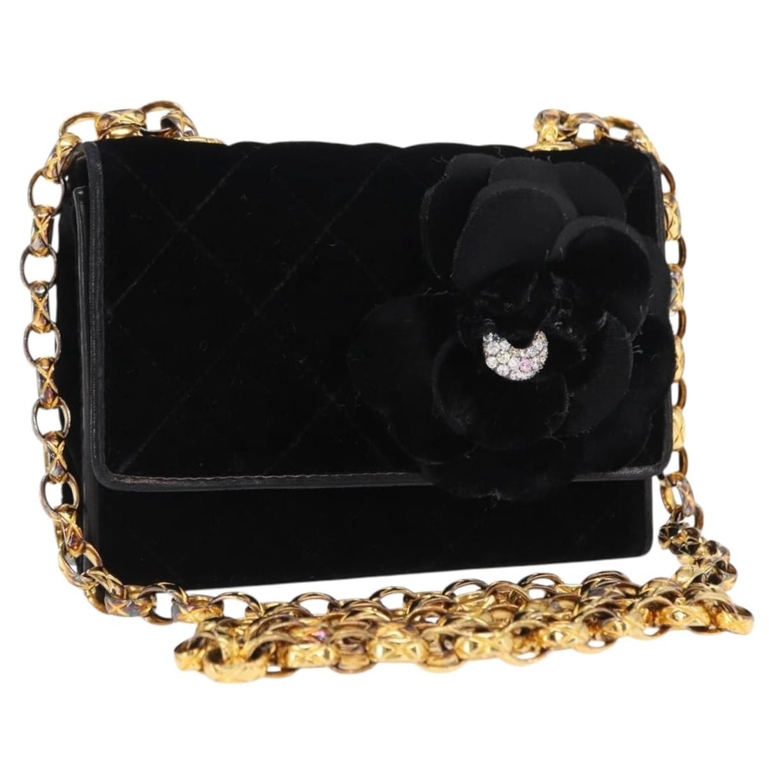 Chanel Camelia Matelasse Black Velor Shoulder Bag with Gold Chain Authenticated: Chanel Camelia Matelasse Black Velor Shoulder Bag with Gold Chain Authenticated This CHANEL Matelasse Camelia shoulder bag features a black velor exterior with gold-tone accents and the iconic CC logo