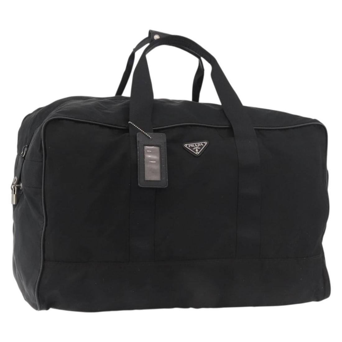 PRADA 2way Nylon Boston Bag Black with Padlock Name Tag: PRADA 2way Nylon Boston Bag Black with Padlock Name Tag PRADA Boston Bag in black nylon, designed for women and made in Italy. It comes with a padlock and name tag, and the bag features a 2-way style.