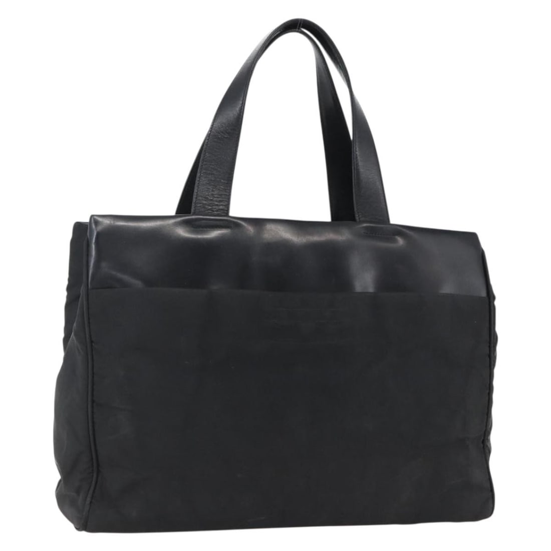 Prada Black Nylon Handbag Silver Tone Hardware Made in Italy: Prada Black Nylon Handbag Silver Tone Hardware Made in Italy Prada hand bag in black and silver nylon, made in Italy. The bag measures approximately 33 cm wide by 23 cm high by 10 cm deep, with a hand