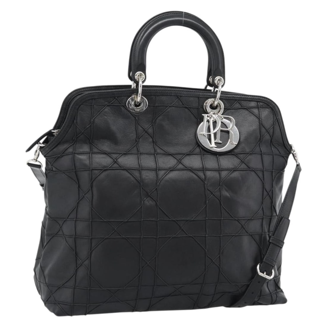 Christian Dior Granville Cannage Leather 2way Handbag Black Silver: Christian Dior Granville Cannage Leather 2way Handbag Black Silver Christian Dior Canage Granville 2-way handbag in black and silver leather. Made in Italy, this bag features a 2-way style and is offe