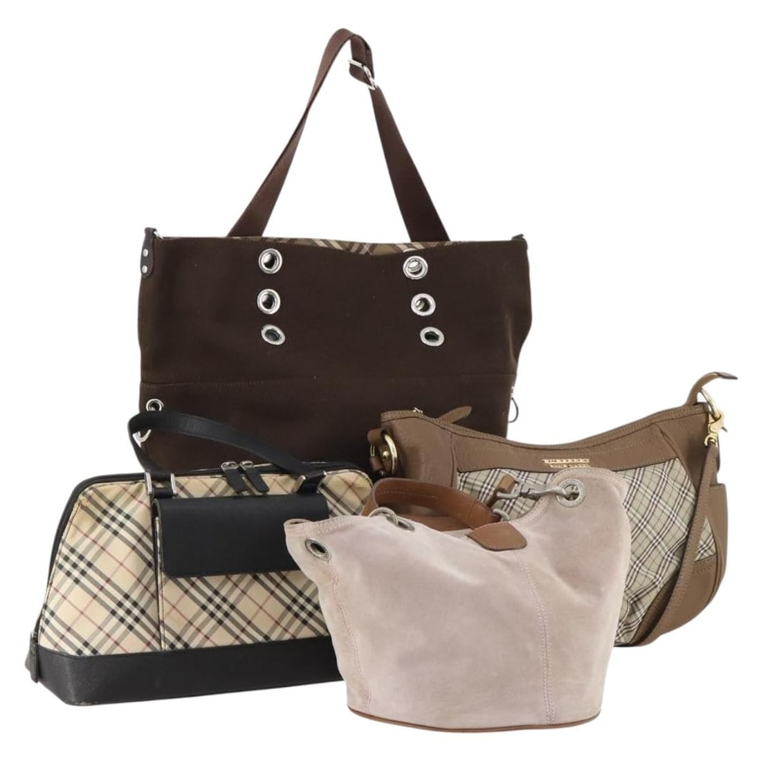 4 Piece Burberry Blue Label Nova Check Boston Bag Bundle Canvas Brown Beige: 4 Piece Burberry Blue Label Nova Check Boston Bag Bundle Canvas Brown Beige Burberry Nova Check Blue Label Boston bag set in brown, beige, and beige pink canvas with suede accents. Made in Japan, this