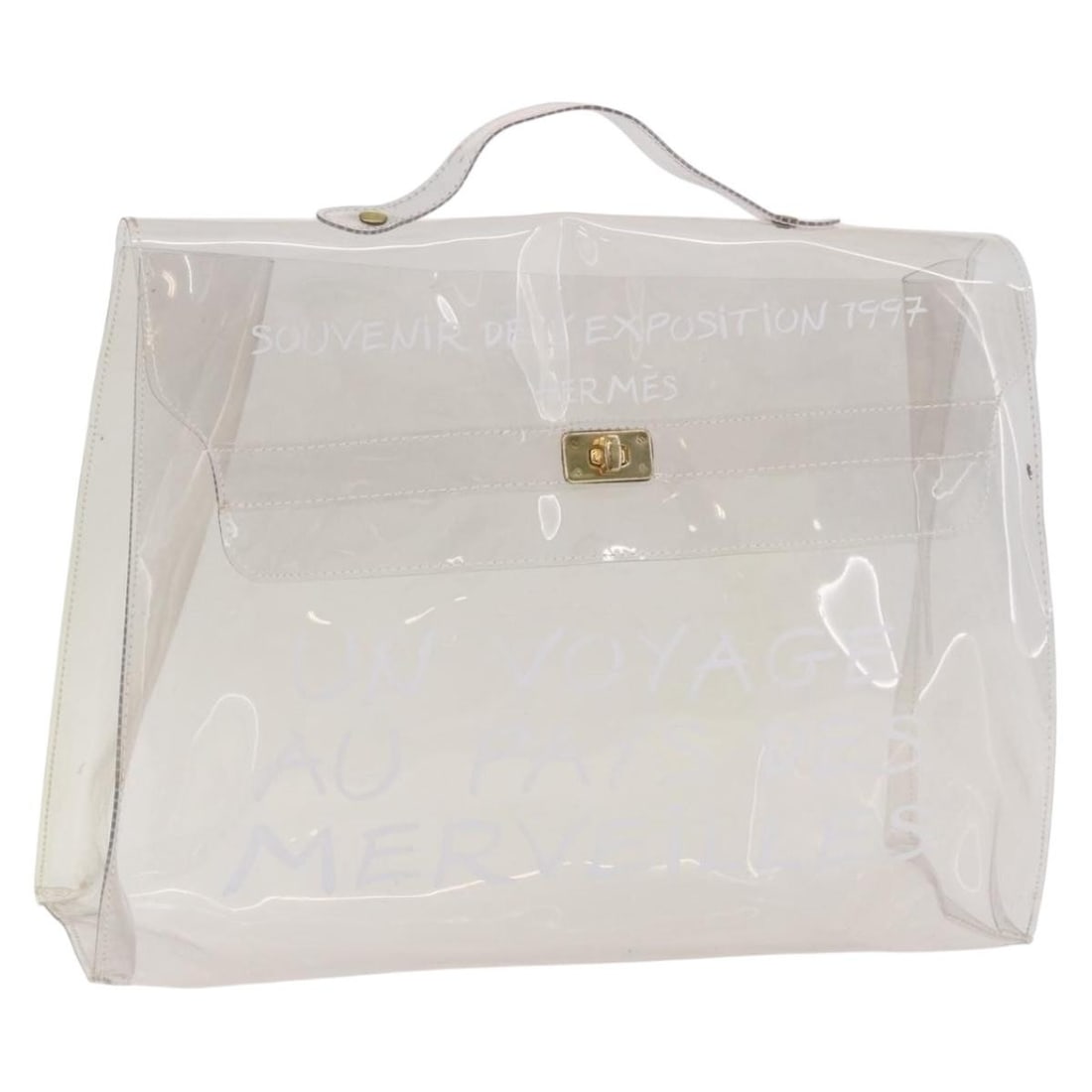 Hermes Kelly Clear Vinyl Handbag Gold Tone Hardware: Hermes Kelly Clear Vinyl Handbag Gold Tone Hardware Clear and gold vinyl handbag in the Kelly style. The item is described as a hand bag and is in heavily used condition with visible wear throughout, 