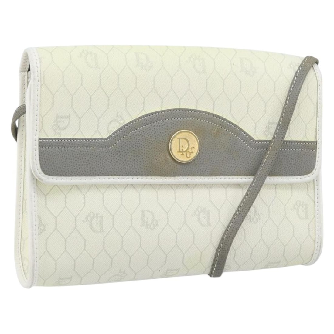 Christian Dior Honeycomb Shoulder Bag in White and Gold PVC Leather: Christian Dior Honeycomb Shoulder Bag in White and Gold PVC Leather Christian Dior shoulder bag in white and gold honeycomb canvas with PVC leather trim. Made in France, this women's bag features a co