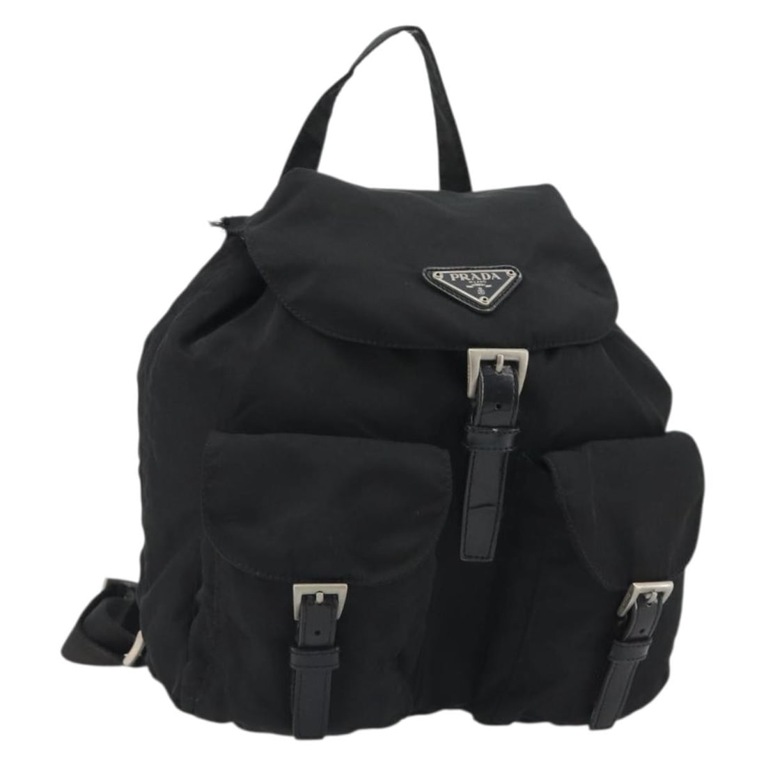 PRADA Black Nylon Backpack Silver Tone Hardware Made in Italy: PRADA Black Nylon Backpack Silver Tone Hardware Made in Italy Black nylon backpack in a silver-tone color combination, made in Italy. It measures approximately W22 cm x H27 cm x D12 cm (W8.7 x H10.6 x