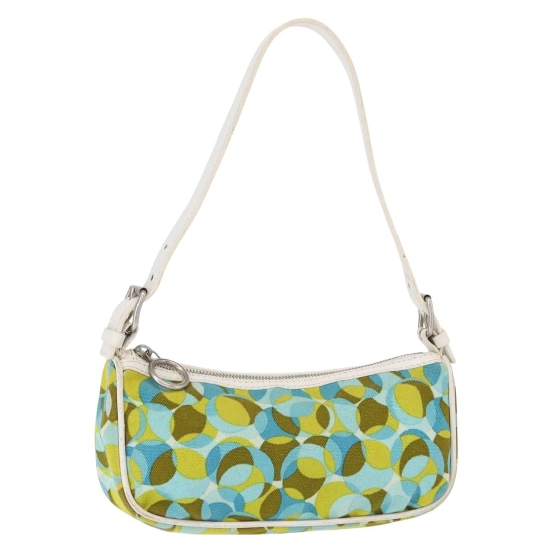 Celine Canvas Green Silver Accessory Pouch Bag France Model 157942: Celine Canvas Green Silver Accessory Pouch Bag France Model 157942 This CELINE accessory pouch features a green and silver canvas exterior with silver-tone accents. The pouch is crafted in France and 